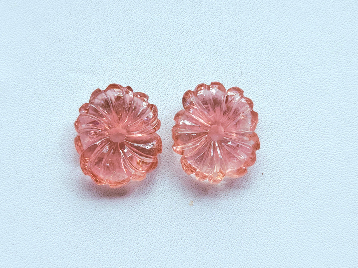 Natural Pink Tourmaline Carved Flower Pair