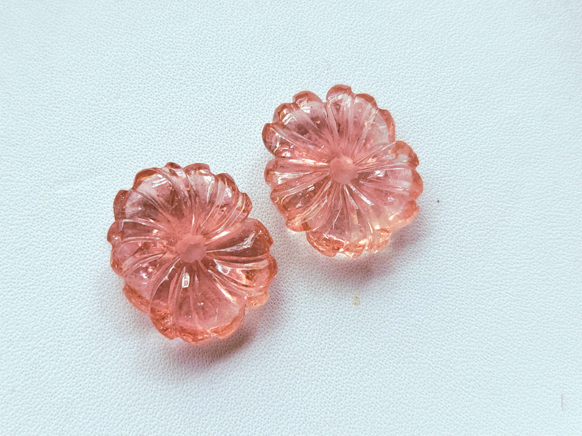 Natural Pink Tourmaline Carved Flower Pair