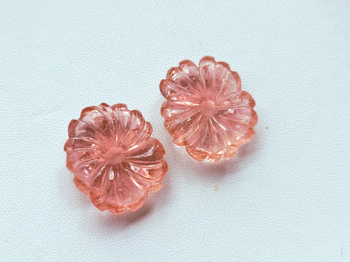 Natural Pink Tourmaline Carved Flower Pair