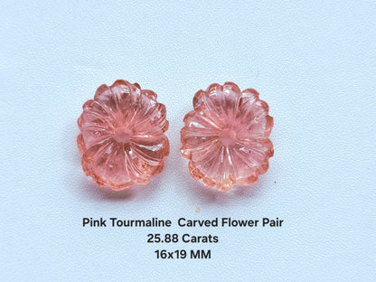 Natural Pink Tourmaline Carved Flower Pair