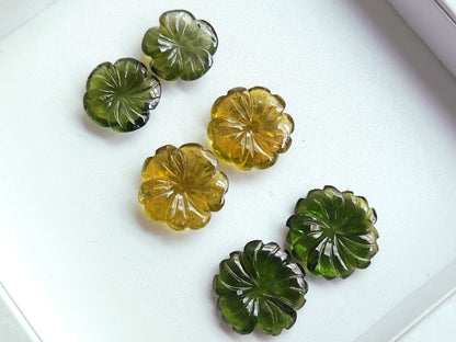 Natural Green Tourmaline Carved Flower Pair