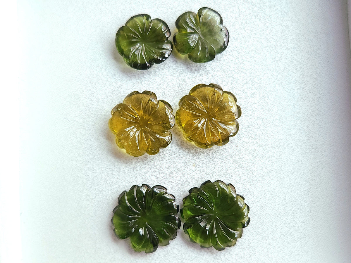 Natural Green Tourmaline Carved Flower Pair