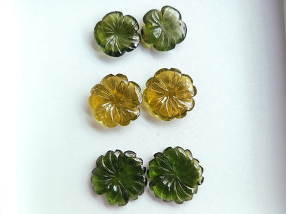 Natural Green Tourmaline Carved Flower Pair