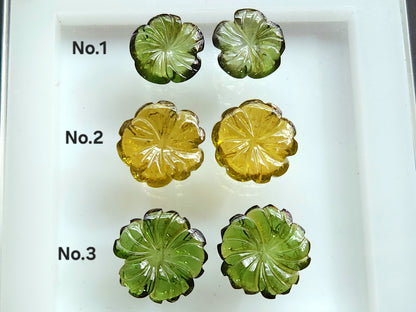 Natural Green Tourmaline Carved Flower Pair