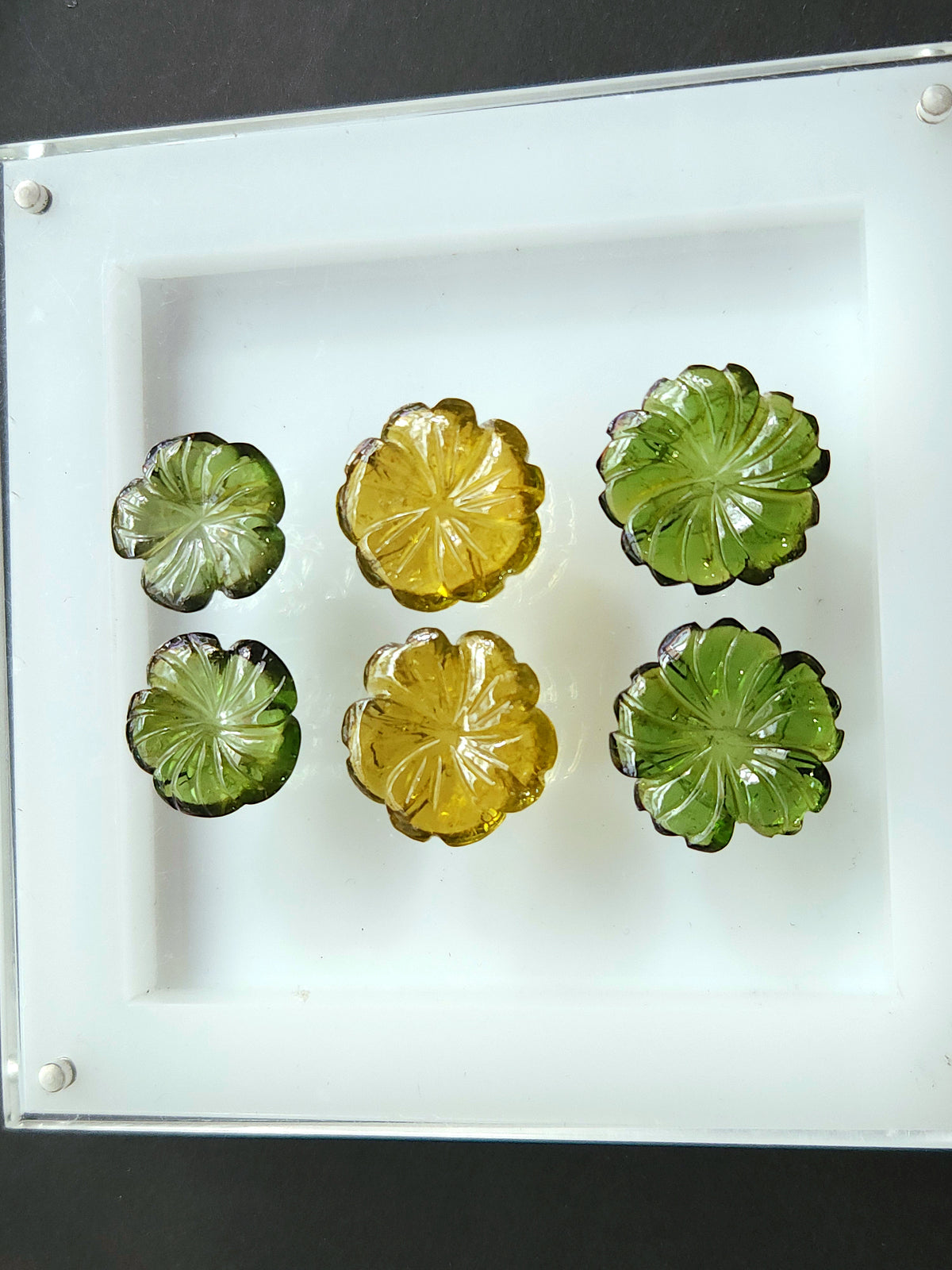 Natural Green Tourmaline Carved Flower Pair