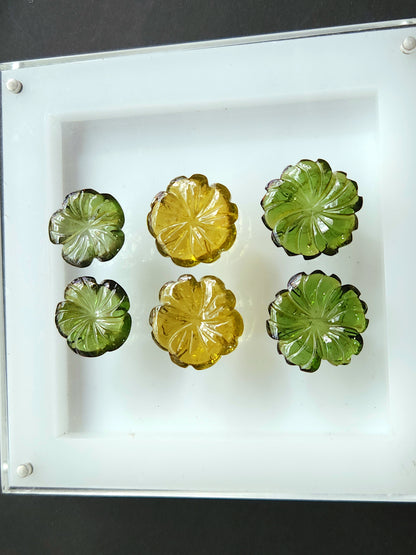 Natural Green Tourmaline Carved Flower Pair