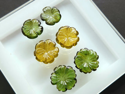 Natural Green Tourmaline Carved Flower Pair
