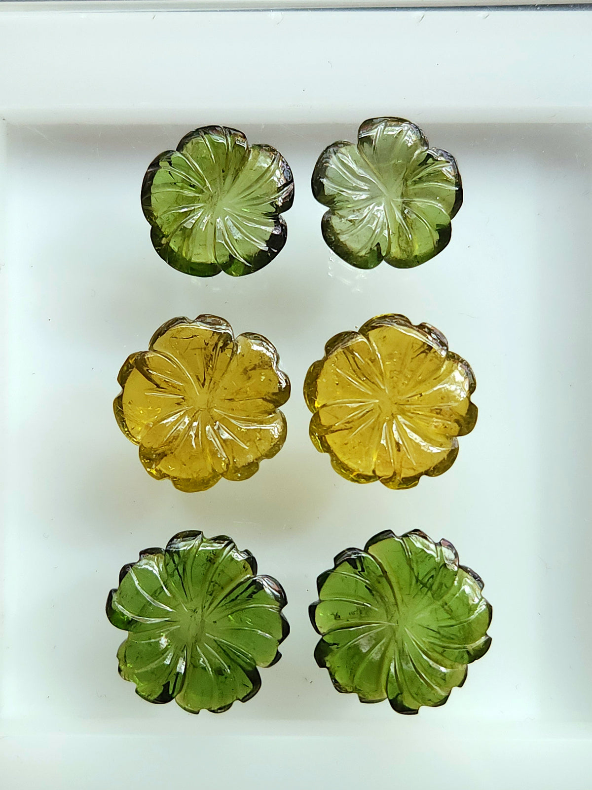 Natural Green Tourmaline Carved Flower Pair