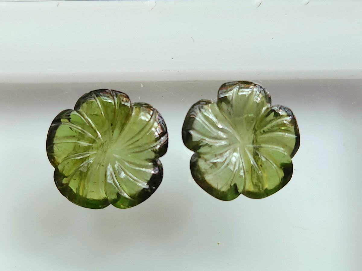 Natural Green Tourmaline Carved Flower Pair