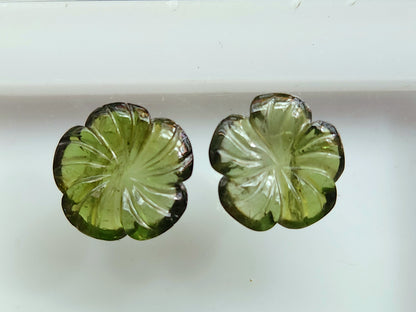 Natural Green Tourmaline Carved Flower Pair