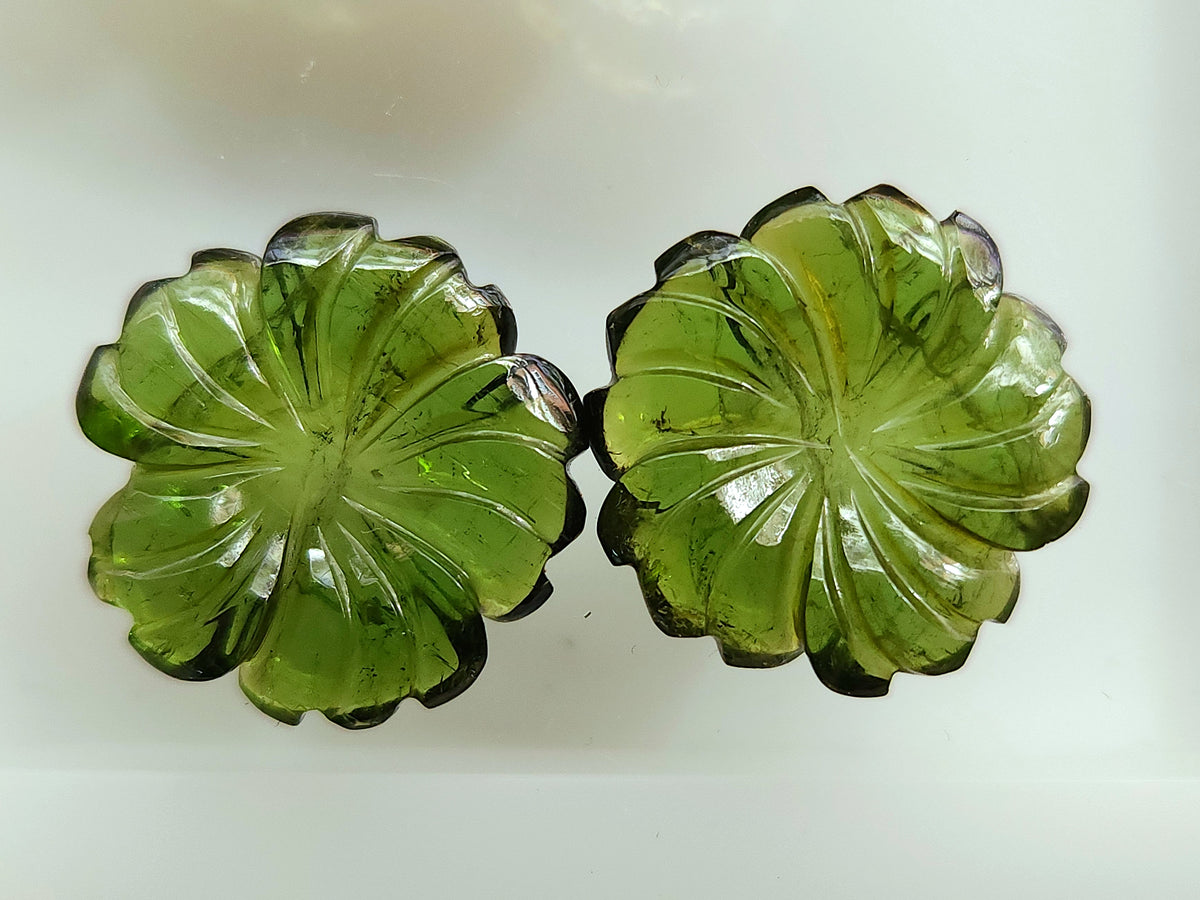 Natural Green Tourmaline Carved Flower Pair