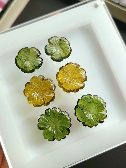 Natural Green Tourmaline Carved Flower Pair