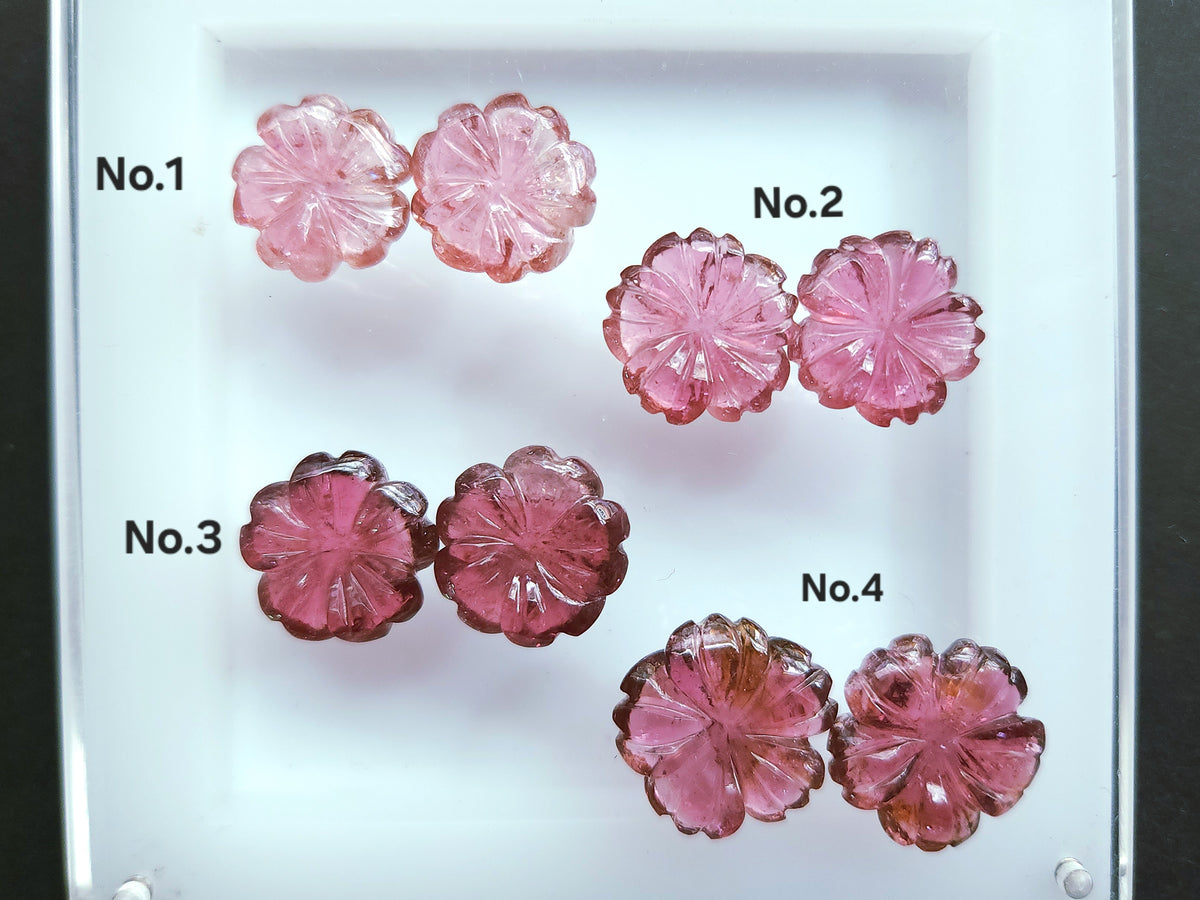 Natural Pink Tourmaline Carved Flower Pair