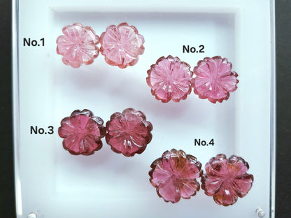 Natural Pink Tourmaline Carved Flower Pair