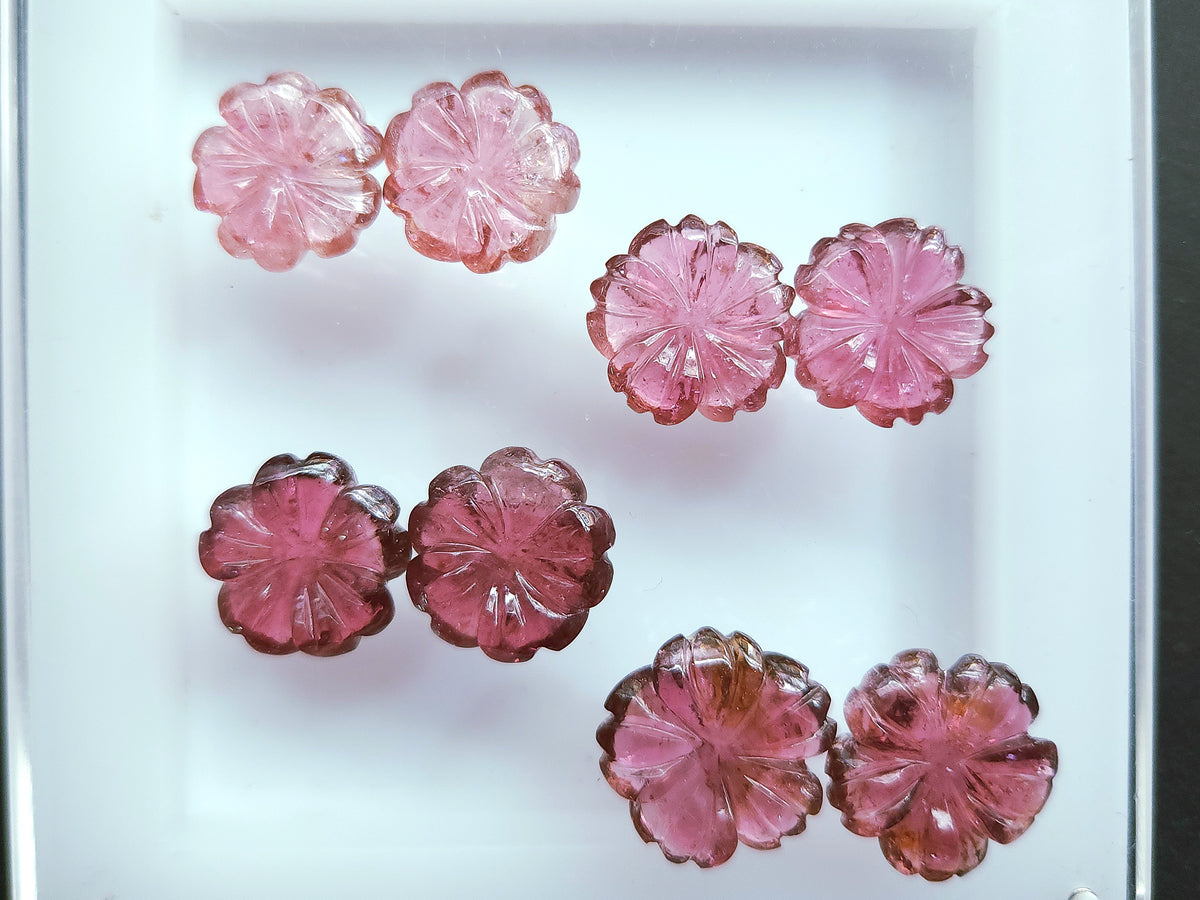 Natural Pink Tourmaline Carved Flower Pair