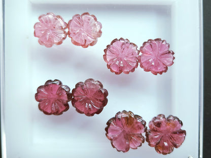 Natural Pink Tourmaline Carved Flower Pair