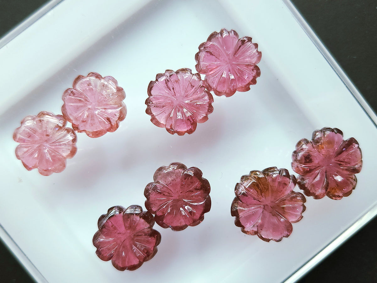 Natural Pink Tourmaline Carved Flower Pair |Tourmaline Flower Carving Pair For Earring, Pendant & Jewelry Making | Loose Tourmaline Carving
