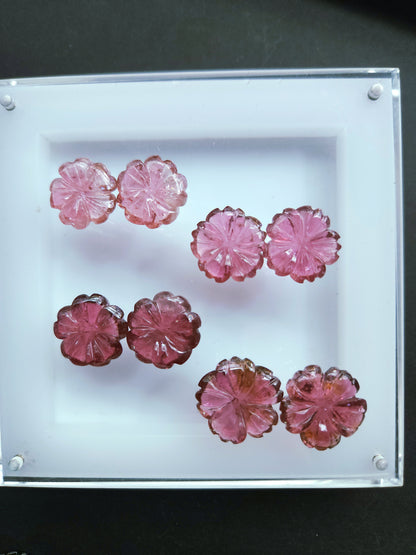 Natural Pink Tourmaline Carved Flower Pair