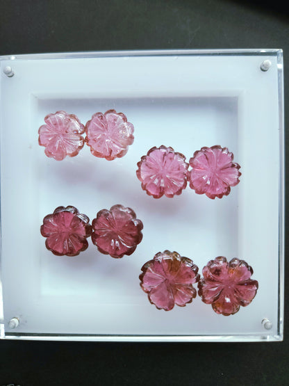 Natural Pink Tourmaline Carved Flower Pair