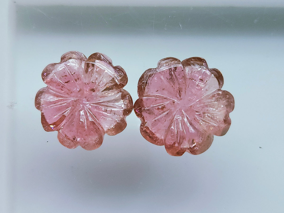 Natural Pink Tourmaline Carved Flower Pair