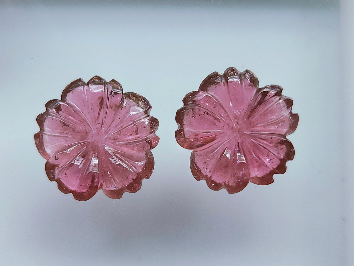 Natural Pink Tourmaline Carved Flower Pair