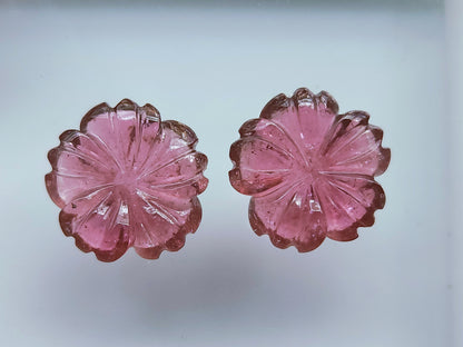 Natural Pink Tourmaline Carved Flower Pair