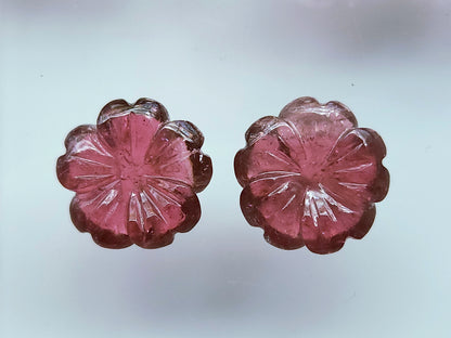 Natural Pink Tourmaline Carved Flower Pair