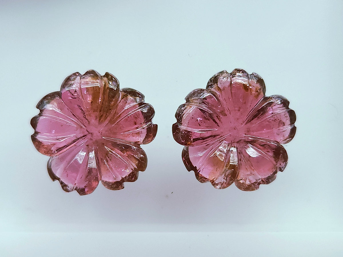 Natural Pink Tourmaline Carved Flower Pair