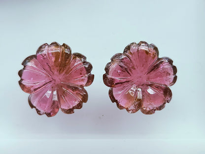 Natural Pink Tourmaline Carved Flower Pair