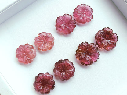 Natural Pink Tourmaline Carved Flower Pair