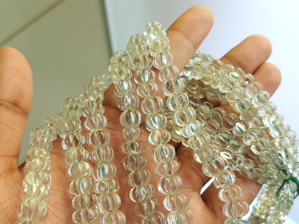 Natural Green Amethyst Carved Melon Beads

