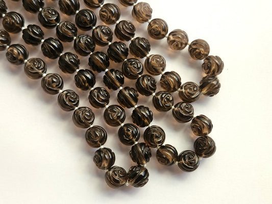 Natural Smoky Quartz Rose Carved Spherical Beads