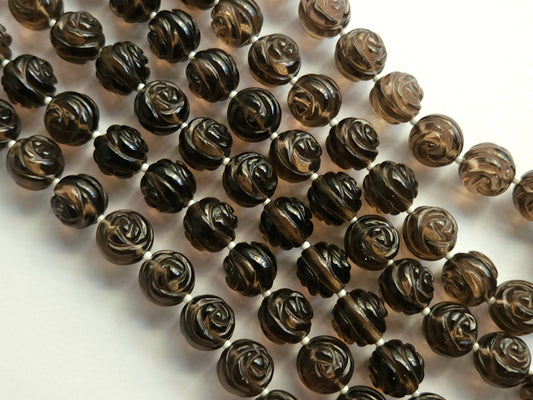 Natural Smoky Quartz Rose Carved Spherical Beads