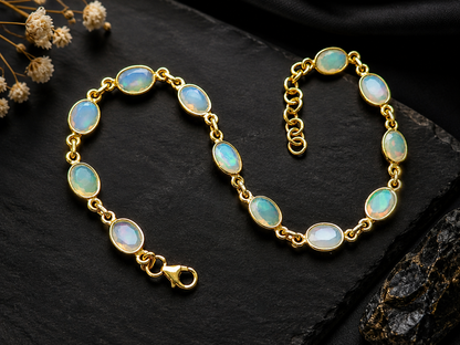 Natural Ethiopian Opal Bracelet | 925 Sterling Silver 18K Gold Plated | Oval Bezel Set Gemstone Bracelet | October Birthstone Opal