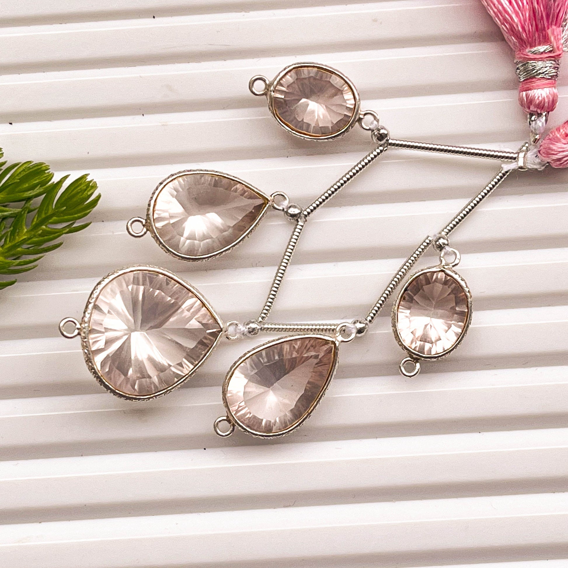 5 Pieces Rose Quartz Concave Cut stone Mix Shape 925 Silver bezel set Connectors for Jewelry making Beadsforyourjewelry