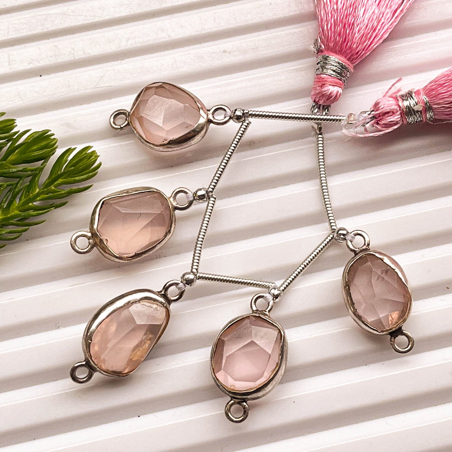 5 Pieces Rose Quartz uneven faceted tumble 925 Silver bezel set Connectors for Jewelry making Beadsforyourjewelry