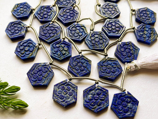 8 Pieces LAPIS LAZULI Hexagon Shape Flower Carving Beads, Lapis Lazuli Flower Carving, Lapis Lazuli Carving Beads, Lapis Lazuli Beads Beadsforyourjewelry