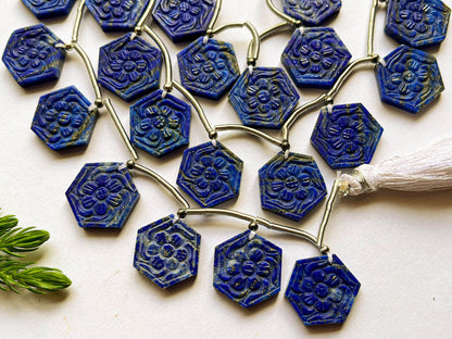8 Pieces LAPIS LAZULI Hexagon Shape Flower Carving Beads, Lapis Lazuli Flower Carving, Lapis Lazuli Carving Beads, Lapis Lazuli Beads Beadsforyourjewelry