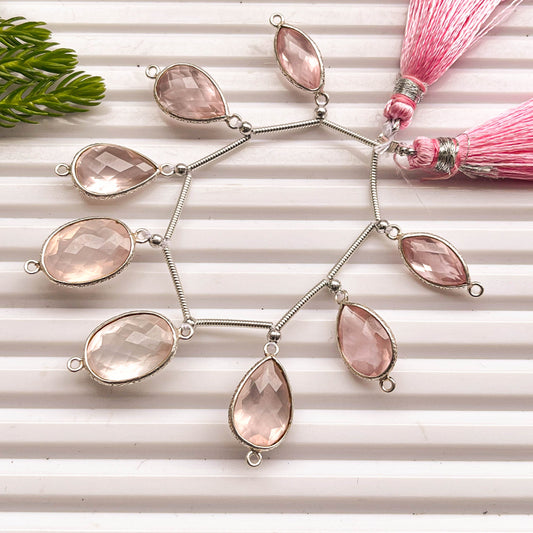 8 Pieces Rose Quartz Cut stone Mix Shape Pair 925 Silver bezel set Connectors for Jewelry making Beadsforyourjewelry