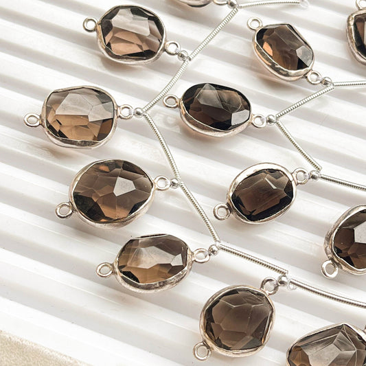 8 Pieces Smoky Quartz uneven faceted tumble 925 Silver bezel set Connectors for Jewelry making Beadsforyourjewelry