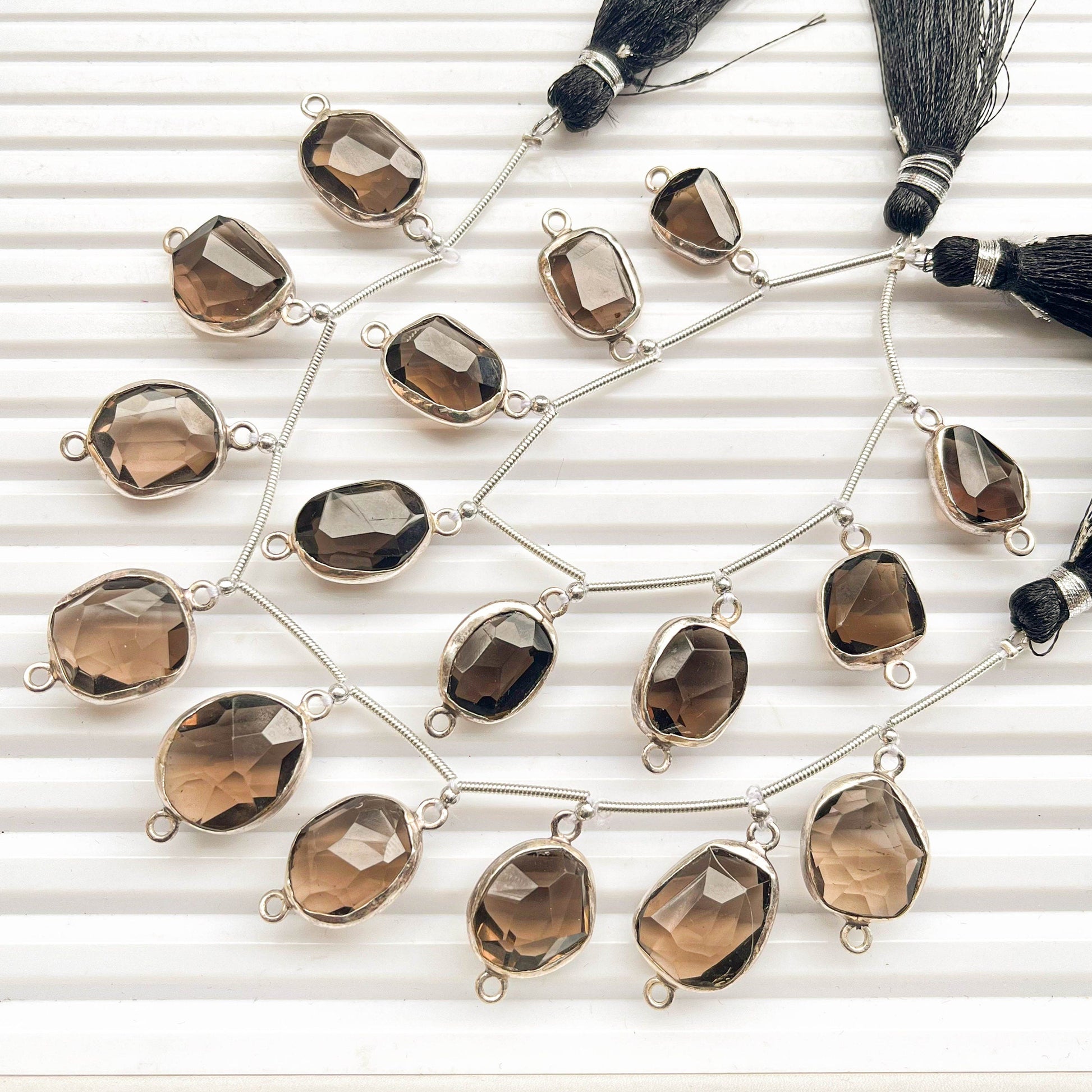 8 Pieces Smoky Quartz uneven faceted tumble 925 Silver bezel set Connectors for Jewelry making Beadsforyourjewelry