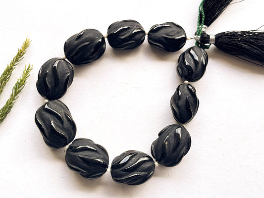 9 Inch Natural Black Onyx Carved Frosted Beads, 10 Pieces Beadsforyourjewelry