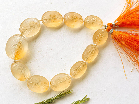 9 Inch Natural Citrine Flower Carved Frosted Beads Beadsforyourjewelry