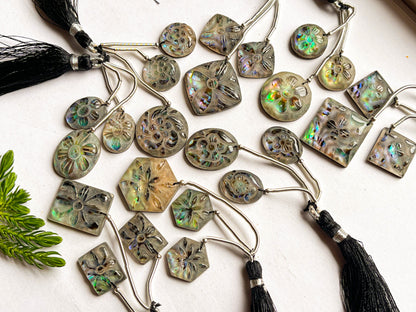 Abalone Shell & Crystal Cameo Doublet Briolette Beads, Abalone Shell Carving, Frosted Crystal Carving, Abalone Shell Carving Beads A129 Beadsforyourjewelry