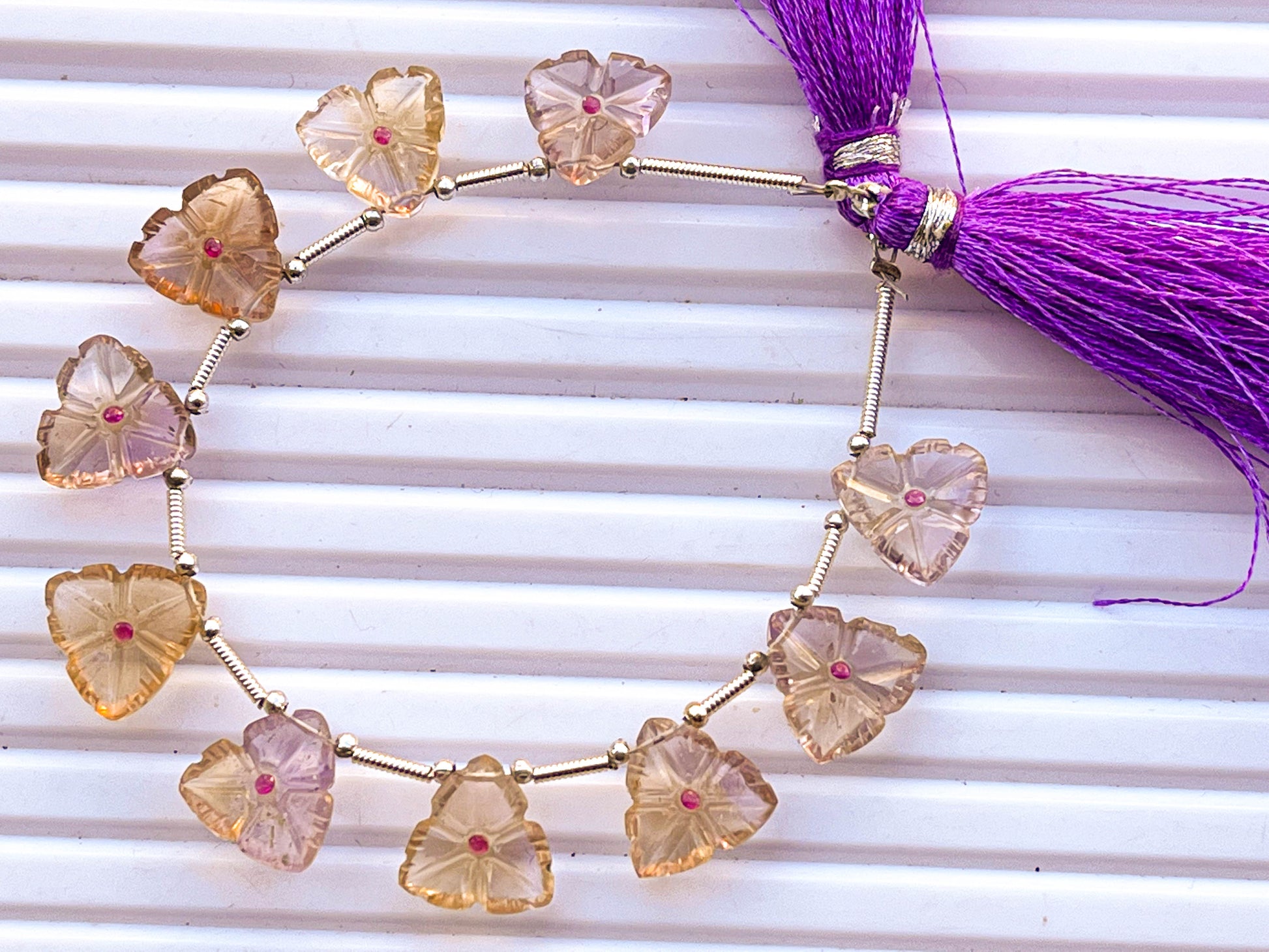 Ametrine Flower Carving Beads with Cubic Zirconia Beadsforyourjewelry