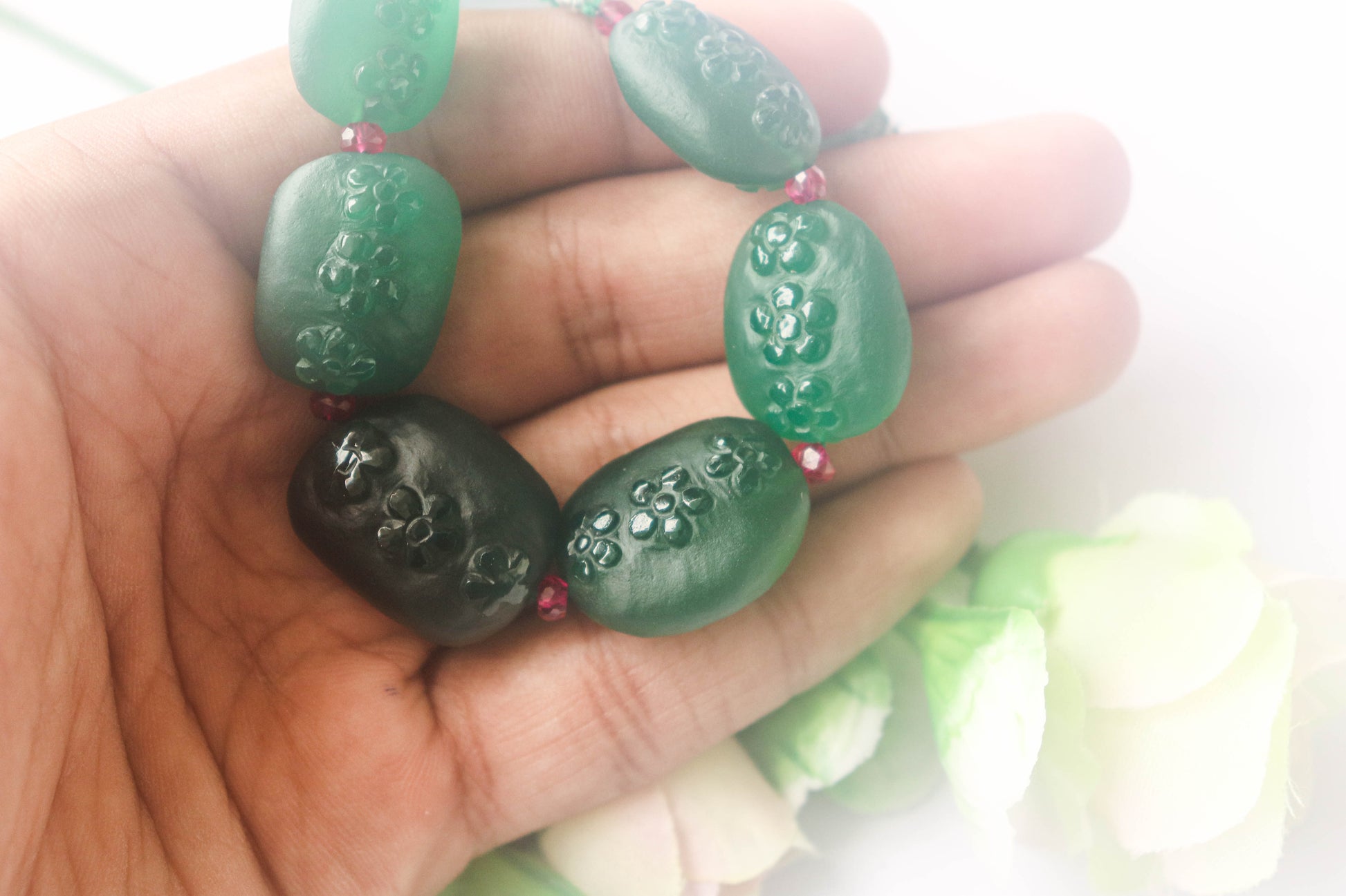 Green Onyx Matte Finish With Flower carved beads Beadsforyourjewelry