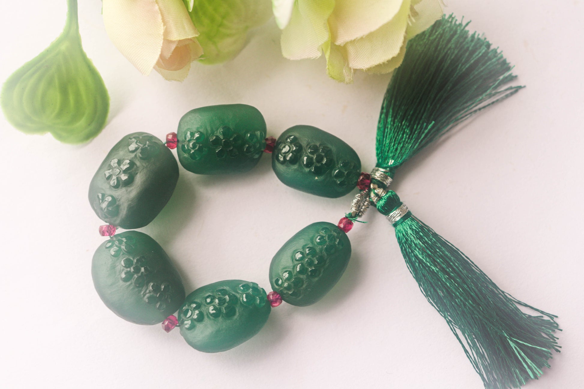 Green Onyx Matte Finish With Flower carved beads Beadsforyourjewelry
