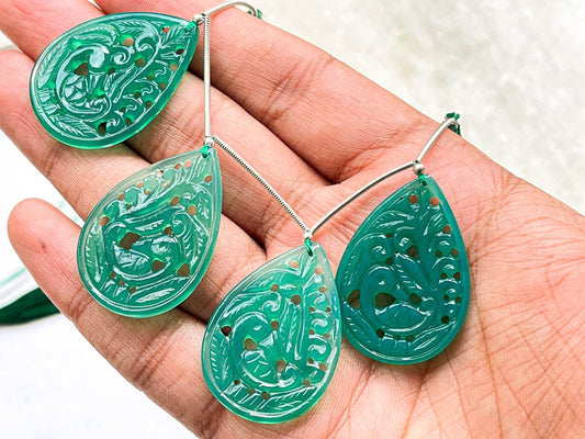 Green Onyx carved pair pear shape beads, Green Onyx window carving Beadsforyourjewelry