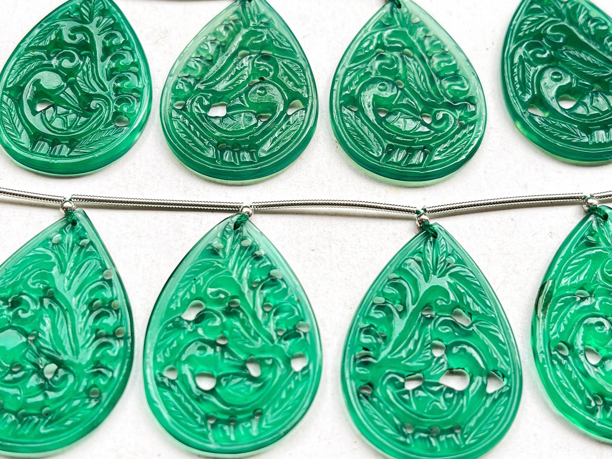 Green Onyx carved pair pear shape beads, Green Onyx window carving Beadsforyourjewelry