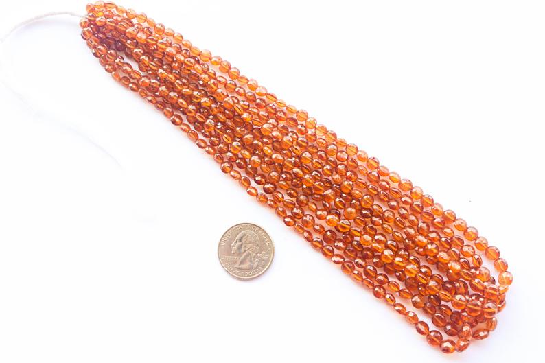 Hessonite Beads Faceted Coin Shape | 5x5mm to 7x7mm | 16 Inch Long Full String | High Quality Natural Hessonite Gemstone for Jewelry making Beadsforyourjewelry